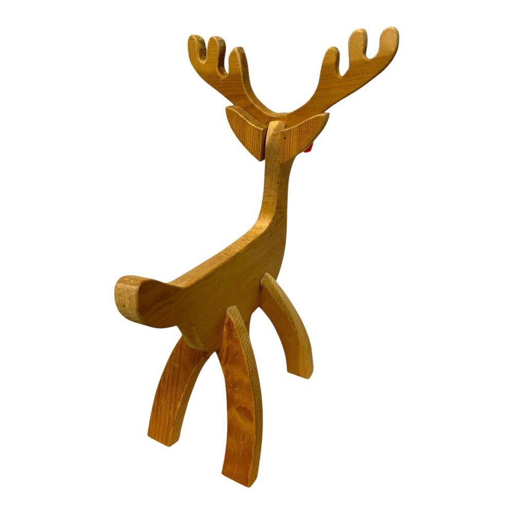 MCM Handmade Wooden Reindeer Rudolph Pom Eyes 16” Puzzle Statue Kitsch Atomic - Picture 5 of 9